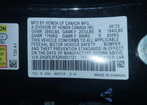 2024 Honda Civic Sport z USA, uszkodzony, nr VIN 2HGFE2F52RH501721